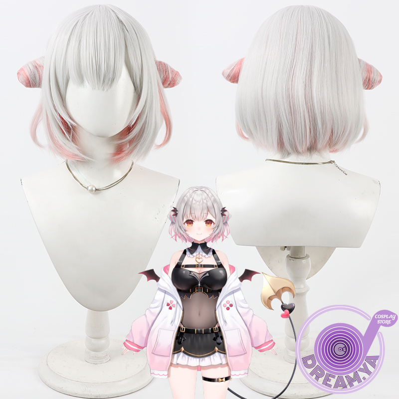 Anime Cosplay Wig Heat Resistant - วิกผมคอสเพลย์ซูอุ ปาตรา วีทูเบอร์สีเทาสีชมพูผมสั้นสังเคราะห์ทนความร้อนฮาโลวีนเล่นบทบาทปาร์ตี้คาร์นิวัล+หมวกวิกผมฟรี