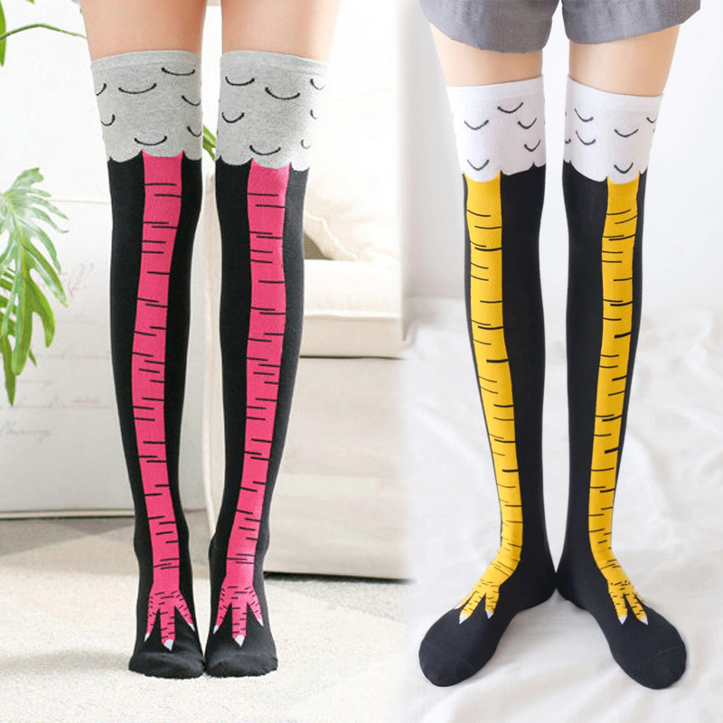 Funny Chicken Leg Socks - 1 คู่ผู้หญิงพิมพ์เข่าถุงเท้าสูงอินเทรนด์การ์ตูนตลกไก่ Claw Casual แฟชั่นคอสเพลย์ Slim