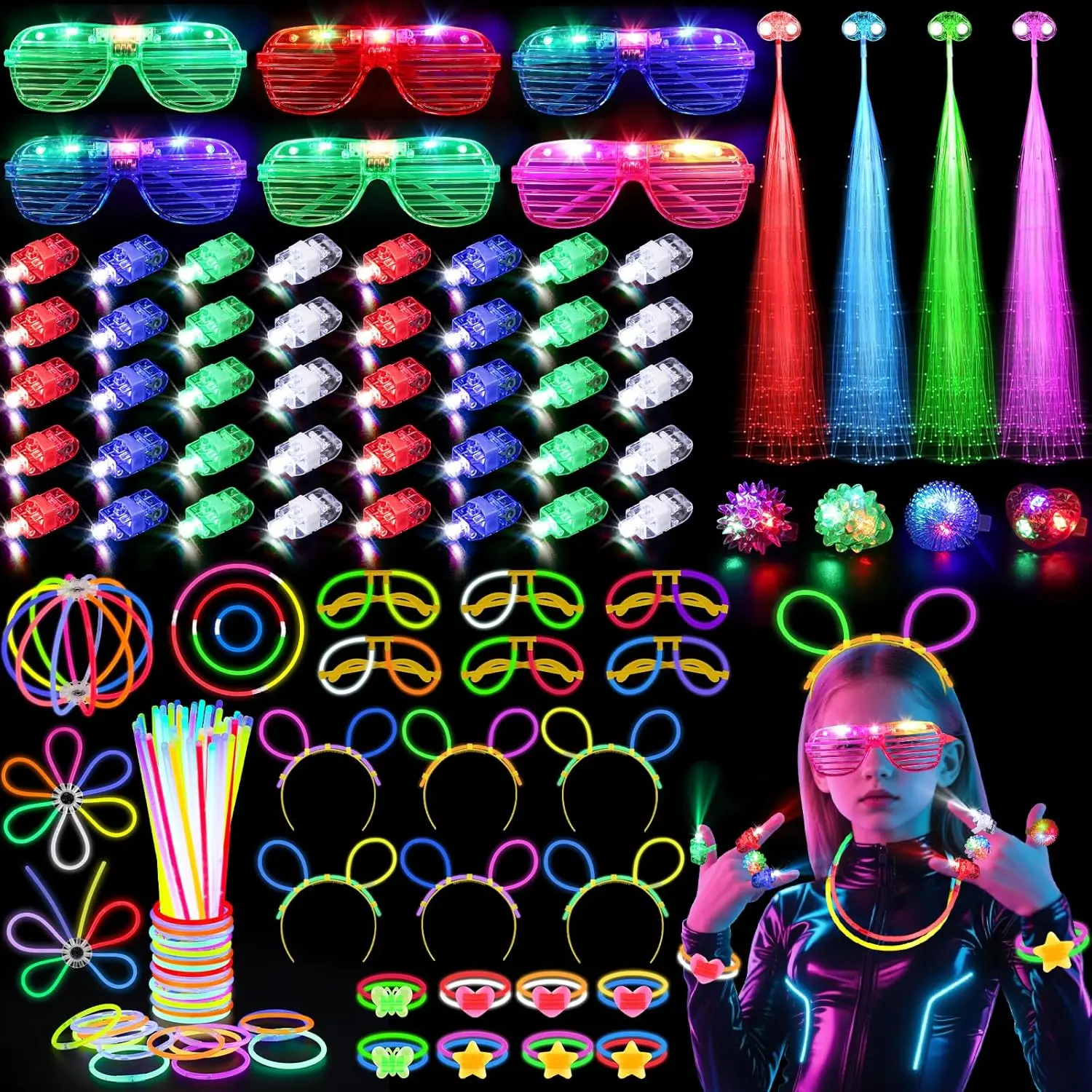 Glow In The Dark Party Glasses - แว่นตาเรืองแสง 128 ชิ้น กิ๊บติดผม LED ไฟนิ้วมือ
