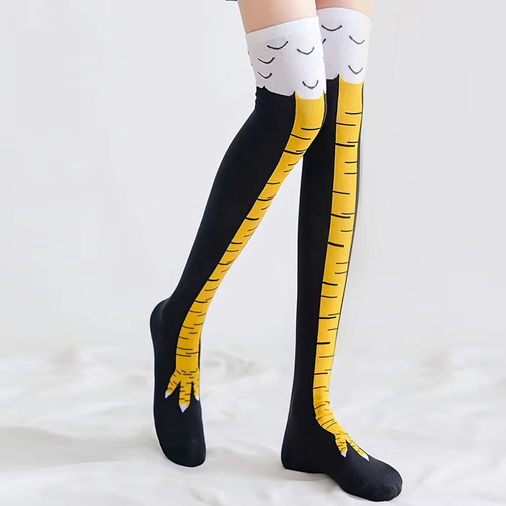 Funny Chicken Leg Socks - ถุงเท้าลายเท้าไก่ 1/2 คู่ สำหรับผู้หญิง ถุงเท้าลายการ์ตูนสัตว์น่ารักเหนือเข่า ถุงเท้าข้อสูงลายตลก