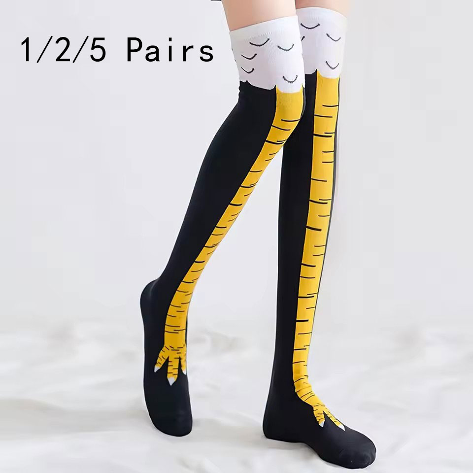 Funny Chicken Leg Socks - ถุงเท้ายาวถึงเข่าลายการ์ตูนไก่สุดฮิตสำหรับผู้หญิง 1/2/5/10 คู่ เหมาะสำหรับออกกำลังกาย เล่นกีฬา ใส่ลำลอง