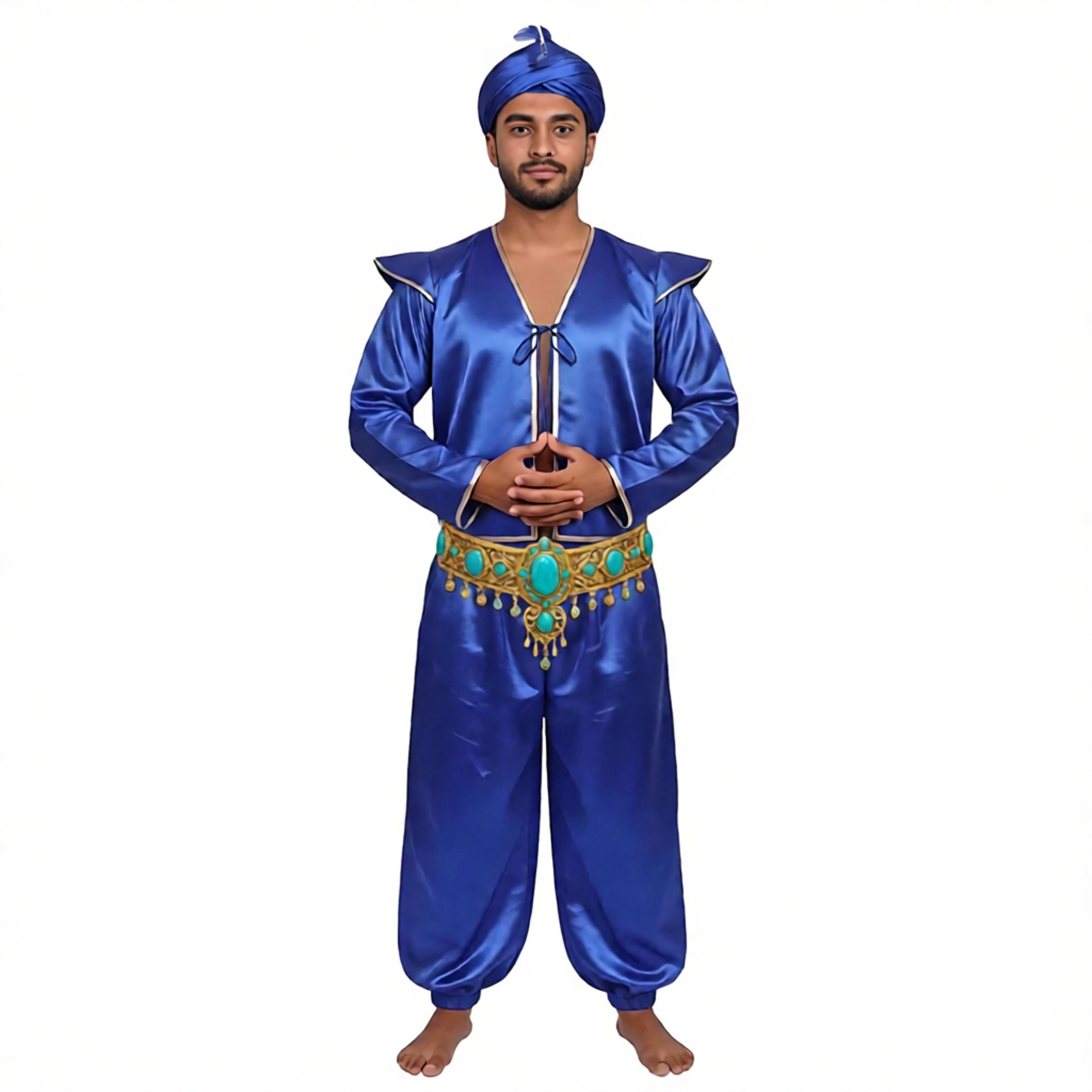 Costumes - ชุดคอสเพลย์เจ้าชายอาหรับสำหรับผู้ชาย เสื้อกั๊กผ้าซาตินแต่งขอบเมทัลลิก แขนระบาย พร้อมกางเกงขาสั้น สำหรับฮาโลวีน คาร์นิวัล