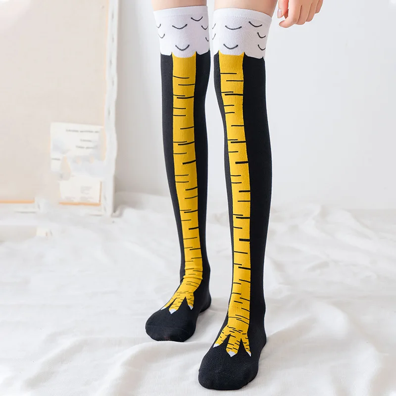 Funny Chicken Leg Socks - ถุงน่องลายเท้าไก่สุดฮา แบบยาวเหนือเข่า กระชับขา บางเบา สำหรับผู้หญิง ฤดูใบไม้ผลิ