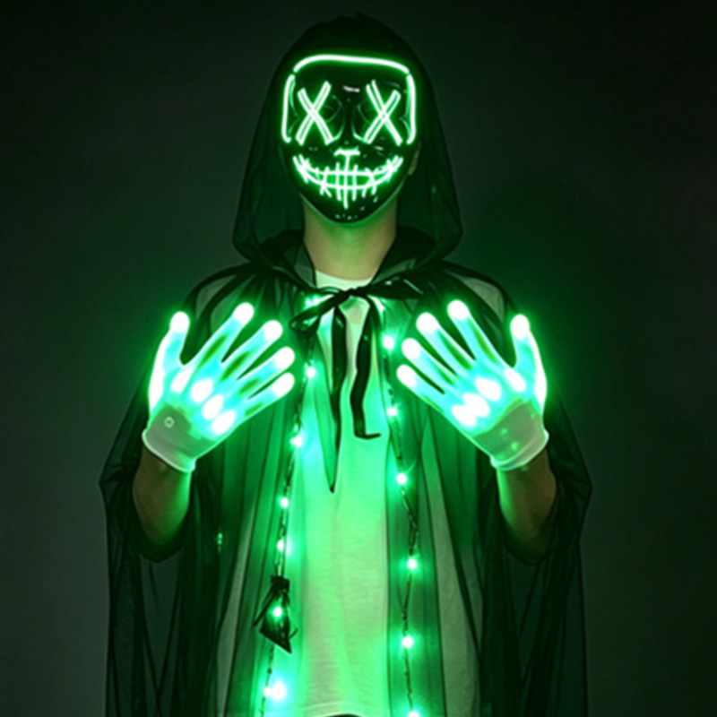 Led Purge Mask Halloween - ชุดหน้ากากหัวกะโหลก LED พร้อมถุงมือเรืองแสง หน้ากากโครงกระดูกนีออน หน้ากากและถุงมือเรืองแสงสำหรับคอสเพลย์ ปาร์ตี้ฮาโลวีน