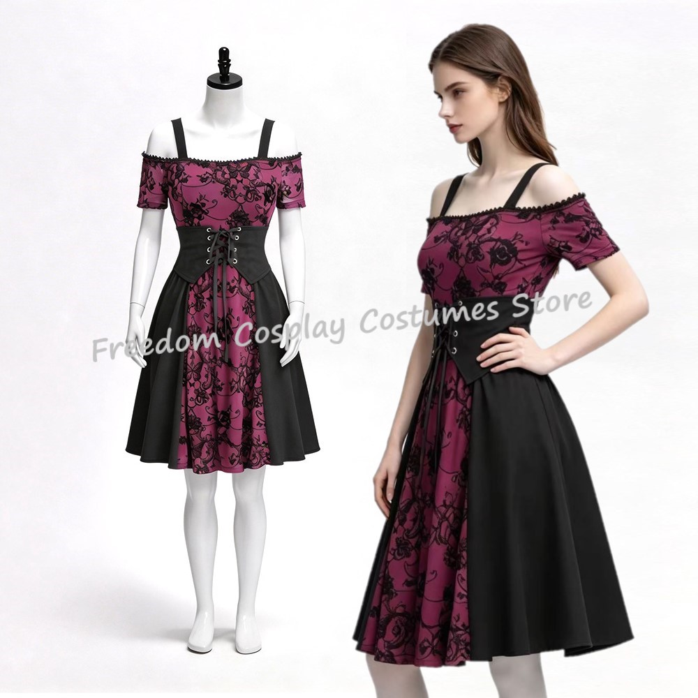 Medieval Renaissance Dress Women - ชุดเดรสสั้นสไตล์โกธิคพังก์สีแดงดำพิมพ์ลายดาร์คสำหรับผู้หญิง ปี 2026 เหมาะสำหรับงานฮาโลวีน คอสเพลย์แวมไพร์