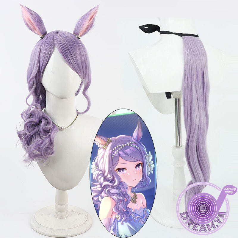 Anime Cosplay Wig Heat Resistant - เมจิโร่คอสเพลย์วิกผมอุมามุสึเมะ พริตตี้ เดอร์บี้สีม่วงผมสังเคราะห์ทนความร้อนปาร์ตี้ฮาโลวีนสวมบทบาทงานคาร์นิวัล+หมวกวิกผมฟรี