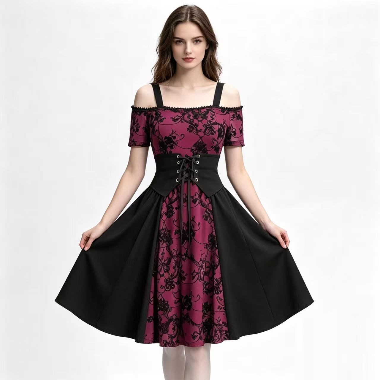 ชุดเดรสสั้นสไตล์โกธิคพังก์สีแด - Medieval Renaissance Dress Women บทวิจารณ์และราคา